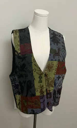 Vintage Patchwork Vest Embroidered Floral Birds Art To Wear Wood Toggle Buttons thumbnail 1