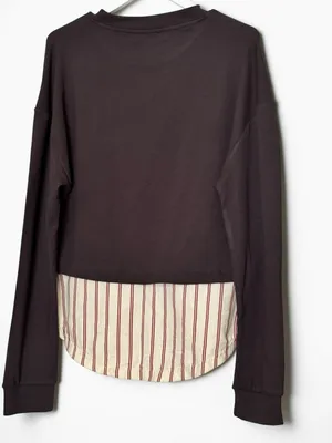 On 12th Brown Ruched Layered Sweatshirt with Striped Shirt Hem Size M thumbnail 2