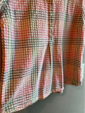 L.L.Bean Vacationland Seersucker Short Sleeve Popover Plaid Shirt Pink Green thumbnail 6