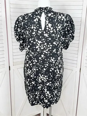 Who What Wear Linen Puff Sleeve Spotted Mini Shift Dress Black White Large thumbnail 5