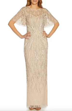 Adrianna Papell Beaded Flutter Sleeve Gown Long Biscotti Beige Formal US 4 NWT thumbnail 1