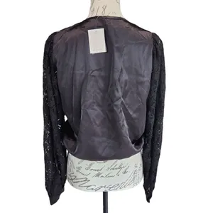Pleione -511‎ NWT Black Faux Wrap Dressy Top Lace Sleeves Small thumbnail 3