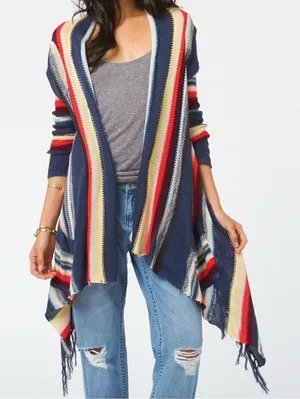 Billabong Women Fringe Cardigan Sweater Med Longline Colorful‎ Stripe Boho Open thumbnail 1