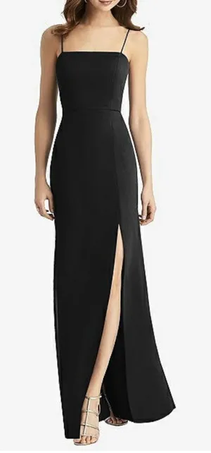 Dessy Collection Square Neck Chiffon Dress Size 2 Black Tie Back Bow Side Slit thumbnail 1