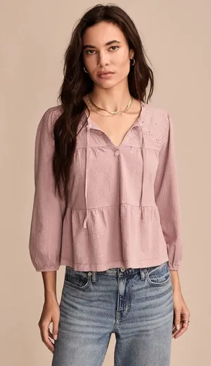 NWT Lucky Brand embroidered babydoll blouse top lavender tie front long sleeve thumbnail 1