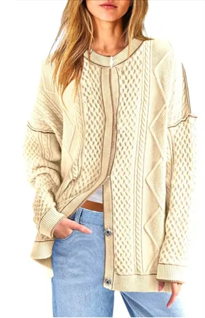 NEW Cable Knit Oversized Cardigan Button Up Striped Sweater S thumbnail 1