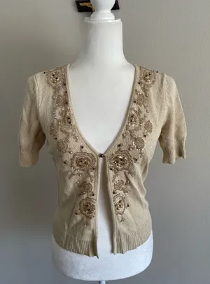 Ann Taylor Cream Knit Short-Sleeve Cardigan thumbnail 1