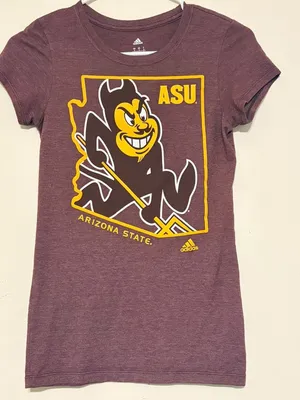 Women's ASU Arizona State Sun Devils Adidas Maroon State Outline Tee Size Small thumbnail 1