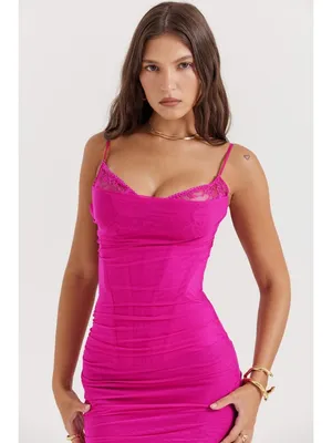 House of CB Nalini Fuchsia Mesh Maxi Dress Ruched Corset M thumbnail 5