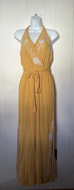 American Eagle Jumpsuit Small Yellow Embroidered Halter Wide Leg Boho Summer thumbnail 1
