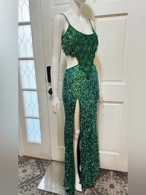 Rachel Allan Stunning Emerald Green Sequin Fringe Cutout formal Gown Size 6 thumbnail 8