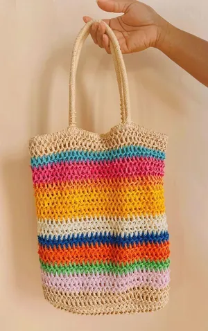 Raffia boho bohemian basket wicker straw neutral rainbow shoulder tote bag purse thumbnail 1