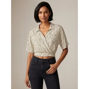 American Eagle Women Top Large Cream Animal Print Surplice Cropped Elastic Hem thumbnail 2