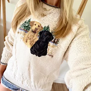 American Vintage Vintage Yellow Lab Black Lab Dog Woods Embroidered Chunky Textured Crewneck Sweater in Cream thumbnail 1