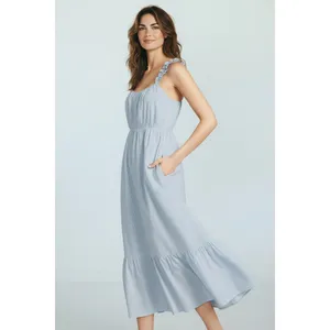 Time and Tru Womens Midi Dress Sz M Blue Ash Stripe Ruffle Strap Tie Back Flowy thumbnail 7
