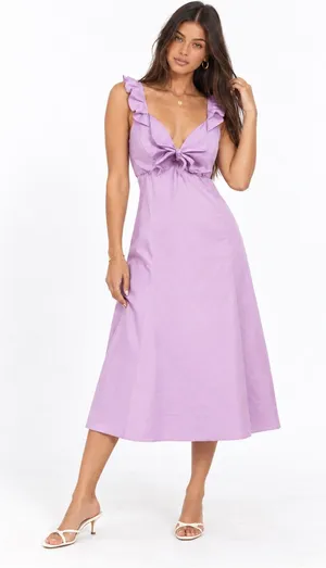 DREW XS Lilac Bow Tie Midi Dress Wedding Guest Kawaii Pastel Romantic Fairy thumbnail 1