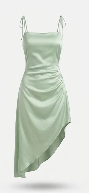 Sage Green Satin Asymmetric Midi Dress with Tie Straps thumbnail 1