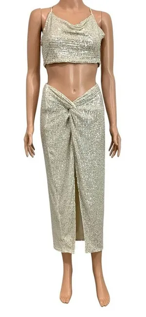 Forever 21 medium crop top sequin outfit knot front skirt set SK2 3392 thumbnail 1