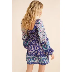 Spell Clairvoyant Mini Dress Blue Floral Paisley Smocked Boho Medium thumbnail 5