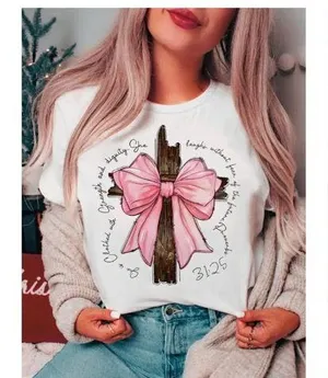 Graphic Proverbs 31:25 Crew Neck T-Shirt Color White, Brown, And Pink Size XL thumbnail 1