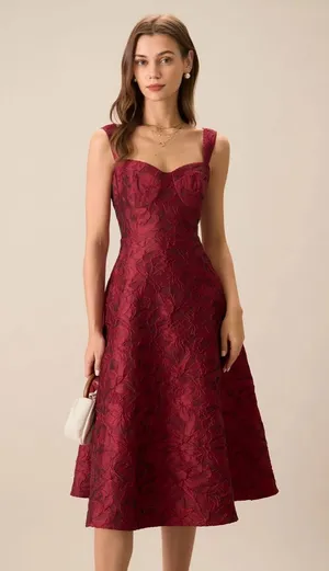 Rihoas Red Sweetheart Neck Jacquard Midi Dress thumbnail 1