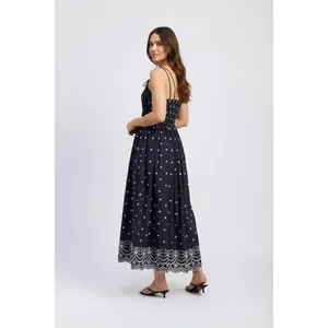 En Saison Womens Midi Dress Size S Navy White Cotton Embroidered Hem Tie-Straps thumbnail 5