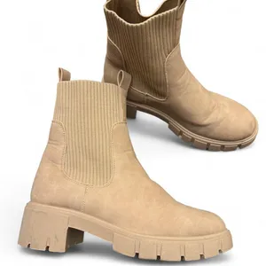 Tan Lug Sole Chelsea Boots Ribbed Sock Ankle Beige Platform Booties thumbnail 2