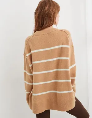 Aerie unREAL V-Neck Sweater Women S Beach Dune Cream Stripe Oversized Pullover thumbnail 8