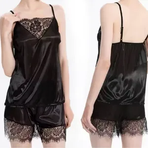 Ice Silk Lace edge 2pc set: shorts + sleeveless top Home wear Pajama Lingerie thumbnail 2