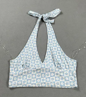 RSQ Halter Crop Top XL Blue White Checkerboard Flower Print Tie Neck Tank NWOT thumbnail 1