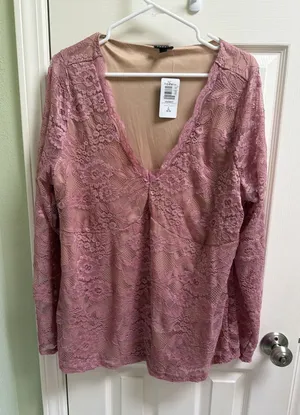 Torrid Stretch Lace Surplice Fitted Long Sleeve Top Sz 2X Mauve Sheer V-neck NWT thumbnail 1
