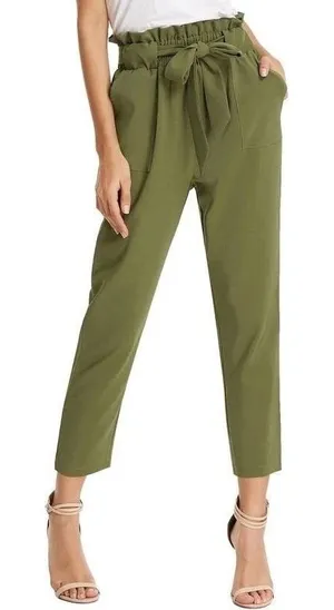 Grace Karin Paperbag Waist Pants Olive‎ Green Tie Belt Cropped Ankle Leg L NWT thumbnail 1