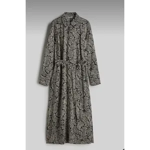 H&M Maxi Shirt Dress Women's M Beige Black 100% Viscose Belted Long Sleeve thumbnail 3