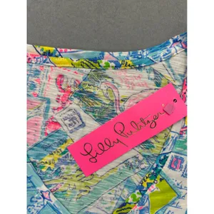Lilly Pulitzer Etta V-Neck Top Multi Wish You Were Here Postcard Print Small NEW thumbnail 5