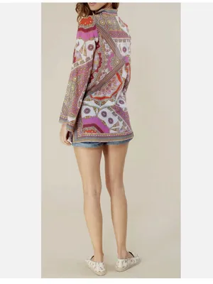 NWT HALE BOB Joanna Voile Fuchsia Beaded Long Flared Sleeve Tunic Top Silk Blend thumbnail 5