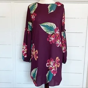LOFT Womens Plum Purple Tropical Floral‎ Puff Sleeve Shift Dress XSP Petites thumbnail 2