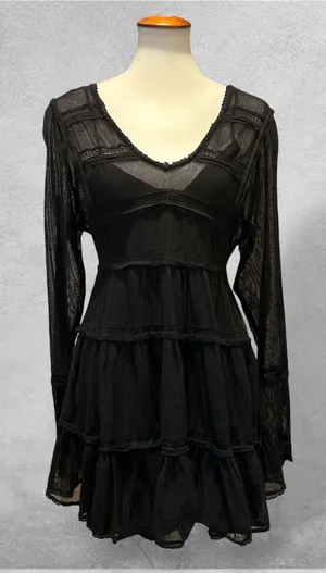 Free People Black Mesh Lace Tiered Mini Dress S thumbnail 1