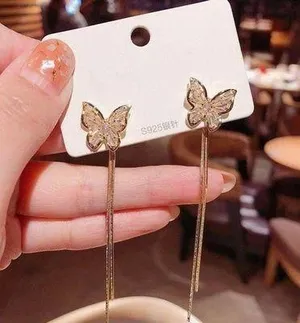 Women’s Crystal Butterfly Tassel Dangle Drop Earrings thumbnail 1