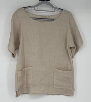 Francesca‎ Bettini 100% Linen Top Italy Beige Short Sleeve Pocket S Lagenlook thumbnail 1