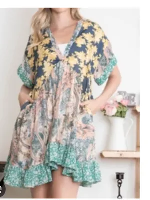 Boho Patchwork mixed floral print oversize SZ S ruffle mini dress by Blue Velvet thumbnail 10