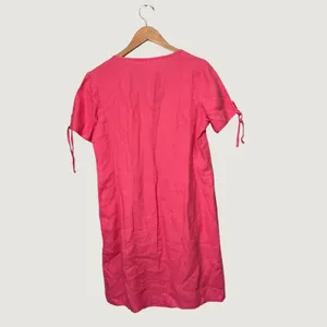 Hot Cotton Pink 100% Linen Pintuck Shift Dress Short Tie Sleeve Size M thumbnail 3