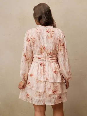 Women's Pink Floral Long-Sleeve Tiered Mini Dress thumbnail 3