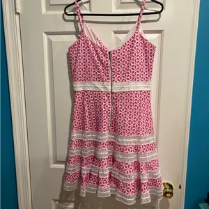 Bardot Camille fit and flare mini Eyelet lace Dress. pink white sz M 8 thumbnail 5