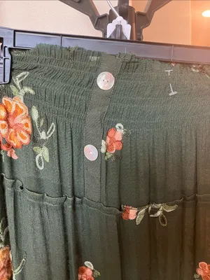 Olive Green embroidered Floral Tiered Maxi distressed waist smocked Skirt thumbnail 3
