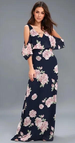 Lulus The Very Thought of You Navy Blue Floral Print Maxi Dress Size XS thumbnail 1