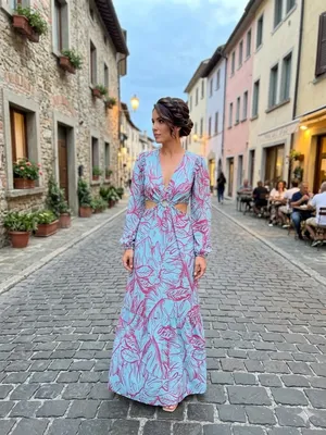 Maxi Dress Jessica Simpson Floral Blue Women’s Pink Tropical Cut-Out Waist thumbnail 2
