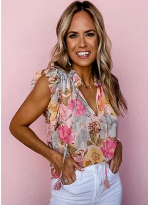 Olivaceous Floral Ruffle Short Sleeve Blouse thumbnail 1
