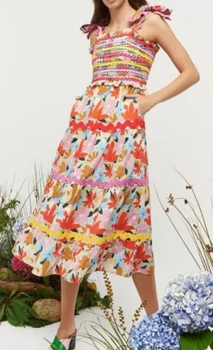 CeliaB Nilsa Multicolor Floral Smocked Midi Dress w/ Tie Straps - NWT - Size L thumbnail 1