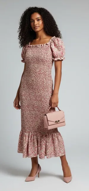 Smocked Pink & White Floral Puff Sleeve Prairie Cottagecore Maxi Dress S thumbnail 1