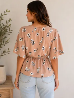 Sienna Sky Floral Wrap Blouse | Dusty Rose Kimono Sleeve Tie Waist Top | Size Small thumbnail 2